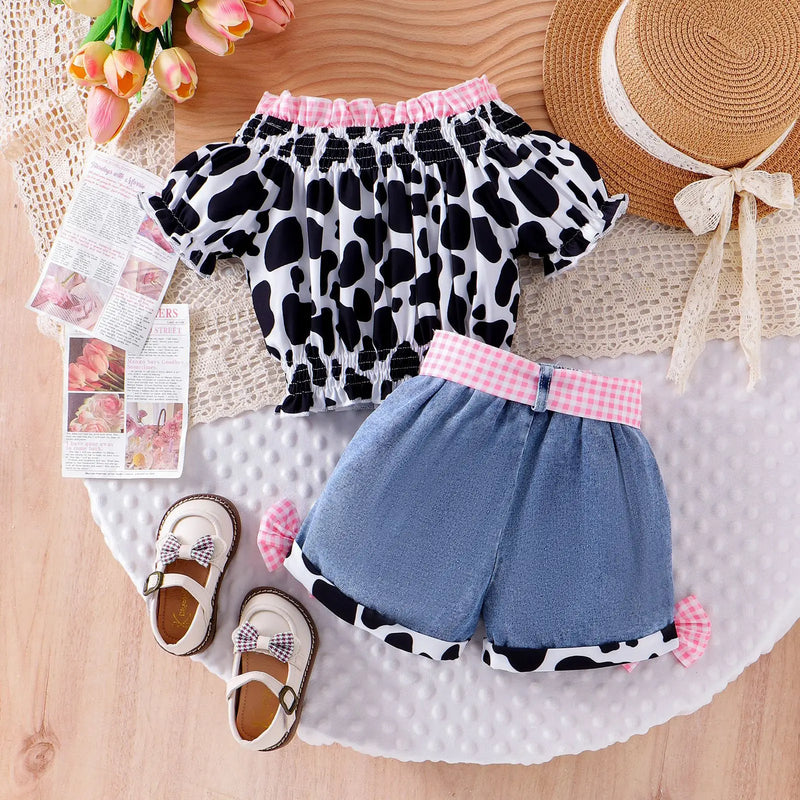Baby Girls Summer Western Cowgirl Outfit Cow Print Off Shoulder Smocked Shirt Top with Denim Shorts for Daily School Party Wear