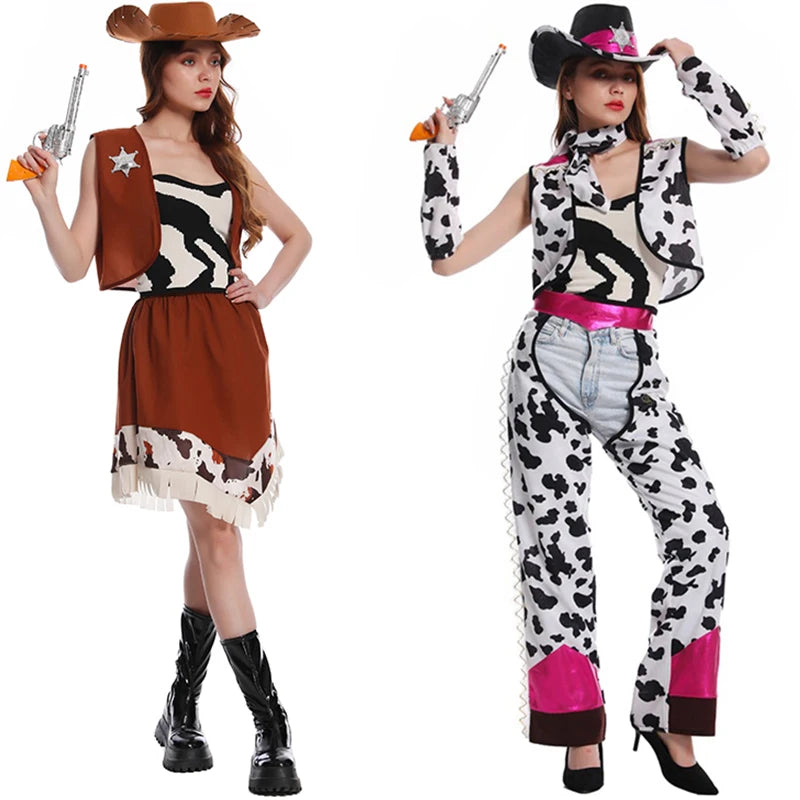 Women Cowboy Dress Western Cosgirl Costumes Adult Fancy Dress Up Carnival Masquerade Cosplay Party Outfits