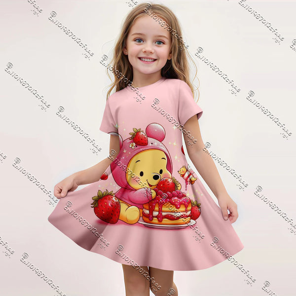 2025 MINISO New Summer Kids Girls Dress Cute Winnie the Pooh 3D Print Clothes Harajuku Short Sleeve Performance Casual Clothes