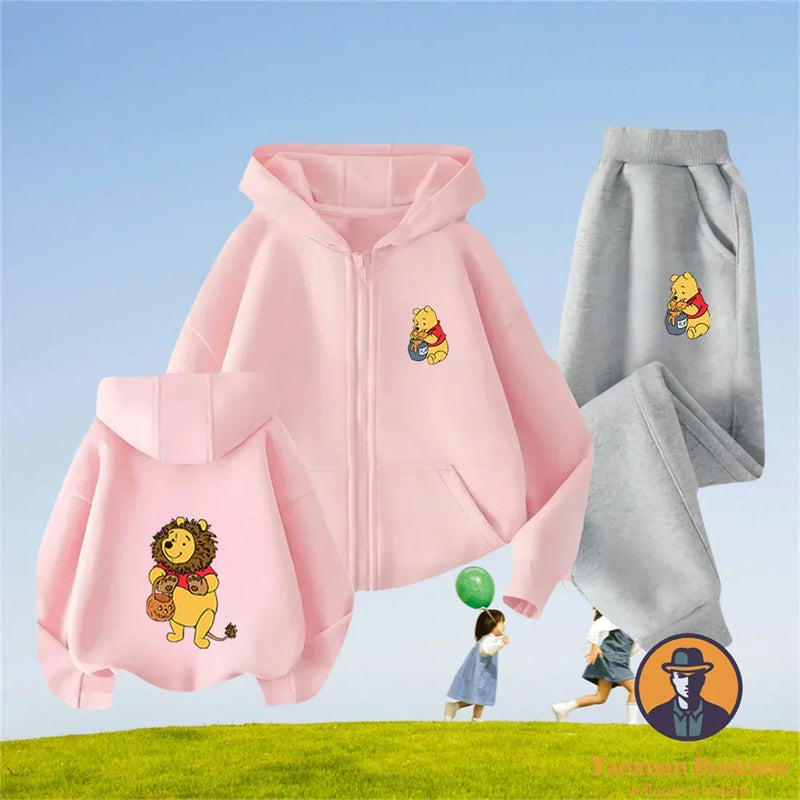 Winnie The Pooh Spring Autumn Cute 2Pcs Casual Hoodie+Pants Tracksuits 3-14 Years Boys Girls Outfits Children Clothes