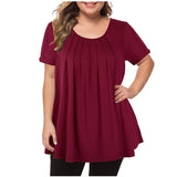 5XL Plus Size T Shirt Summer Woman Short Sleeve O-Neck Casual Tops Loose Female Pleated Blouse Tunic Solid Color Pullover Tops
