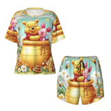 Custom Winnie The Pooh Pajama Sets Womens 2 Piece Short Sleeve Pjs Shorts Sleepwear