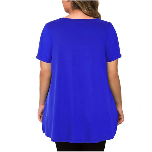 5XL Plus Size T Shirt Summer Woman Short Sleeve O-Neck Casual Tops Loose Female Pleated Blouse Tunic Solid Color Pullover Tops