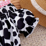 Little Girls Western Cowgirl Outfit Cow Print Off Shoulder Smocked Shirt Top with Denim Shorts Summer Daily School Party Clothes