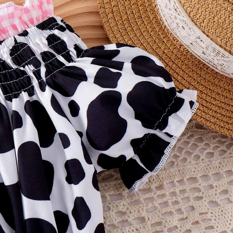 Kids Girls Western Cowgirl Outfit Cow Print Off Shoulder Smocked Shirt Top with Denim Shorts Daily School Party Holiday Costume