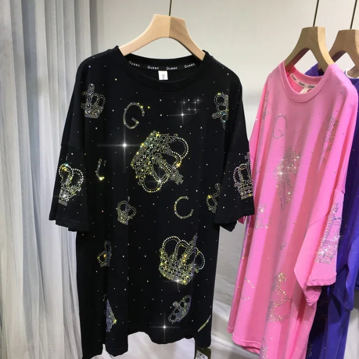 XL-4XL Plus Size T-shirts for Women Crown Rhinestone Luxury Loose Summer Short Sleeve Tops Womens Clothing Занзеа Женская Одежда
