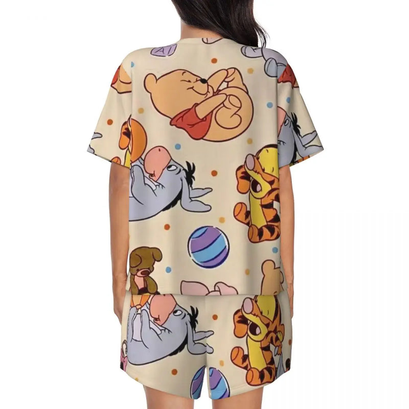 Custom Winnie The Pooh Pajama Sets Womens 2 Piece Short Sleeve Pjs Shorts Sleepwear