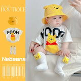 Newborn Baby Boys Girls Rompers+Sock+Hat 3pcs Set Cartoon Mickey Pooh Donald Duck Print Cotton Clothes Jumpsuit Infant Bodysuits