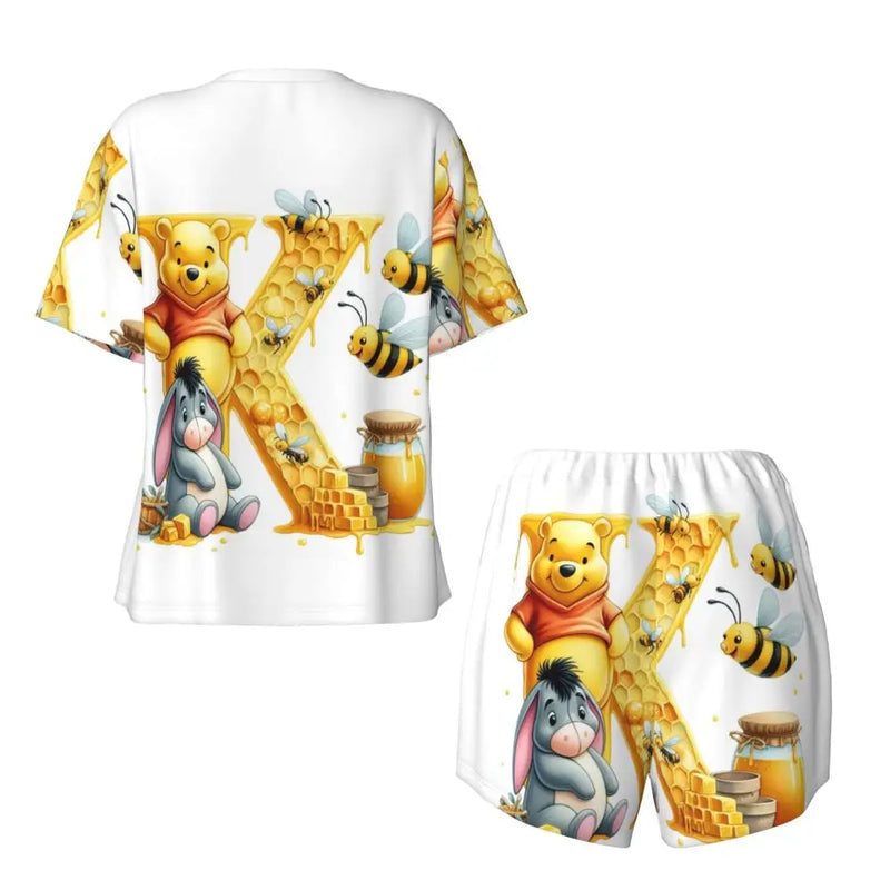 Custom Winnie The Pooh Pajama Sets Womens 2 Piece Short Sleeve Pjs Shorts Sleepwear
