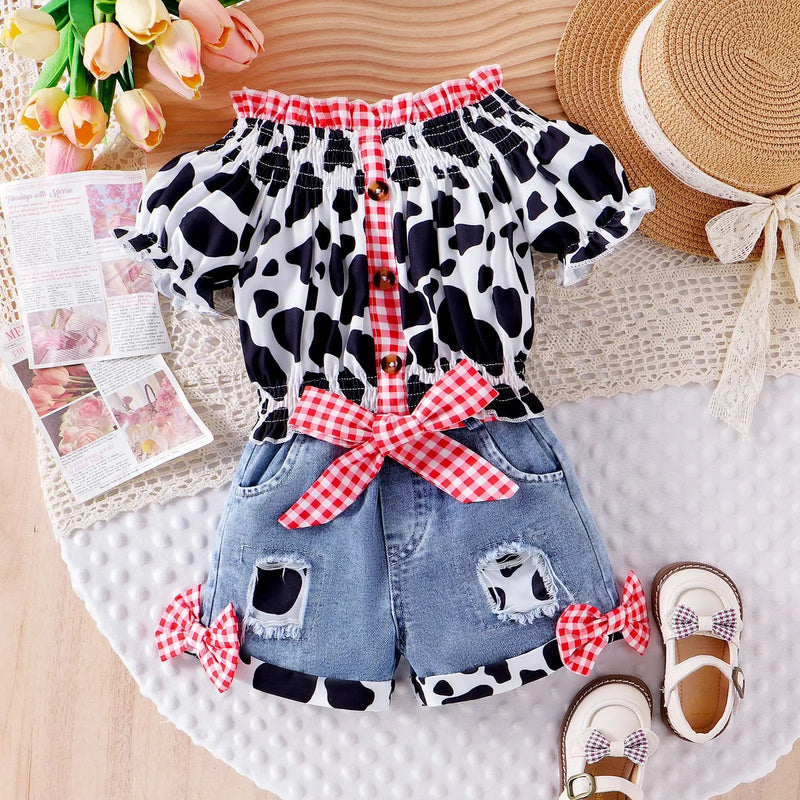 Baby Girls Summer Western Cowgirl Outfit Cow Print Off Shoulder Smocked Shirt Top with Denim Shorts for Daily School Party Wear