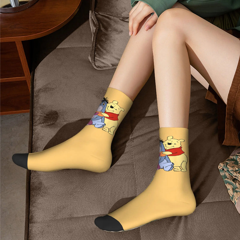 Winnie The Pooh Group Hug Socks Men Women Polyester Funny Happy Eeyore Piglet Tigger Harajuku Middle Tube Socks Gift Stockings