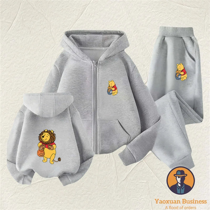 Winnie The Pooh Spring Autumn Cute 2Pcs Casual Hoodie+Pants Tracksuits 3-14 Years Boys Girls Outfits Children Clothes