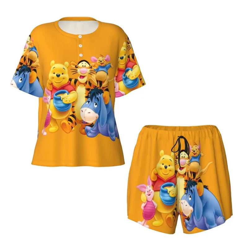 Custom Winnie The Pooh Pajama Sets Womens 2 Piece Short Sleeve Pjs Shorts Sleepwear
