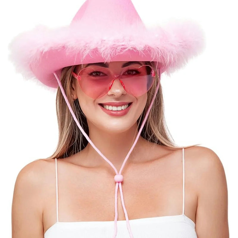 Pink Cowgirl Costume SET for Women Girl:cowboy Hat with Feathers,Space Skirt,HEART-SHAPED GLASSES, halloween accessories