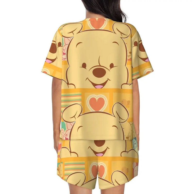 Custom Winnie The Pooh Pajama Sets Womens 2 Piece Short Sleeve Pjs Shorts Sleepwear