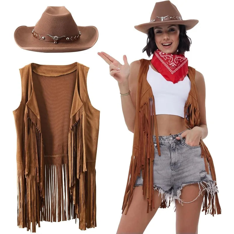 3 Pcs Women Cowboy Cowgirl Costume Faux Suede Tassel Vest Waistcoat with Rivets Cowboy Hat Carnival Party Clothes Clubwear