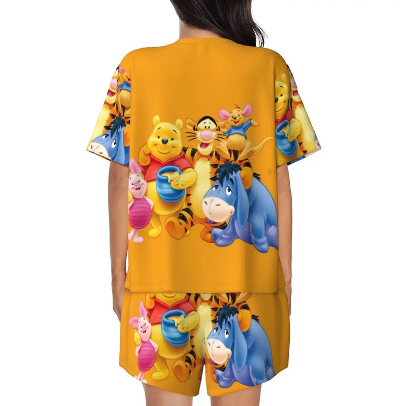 Custom Winnie The Pooh Pajama Sets Womens 2 Piece Short Sleeve Pjs Shorts Sleepwear