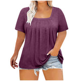 5XL Plus Size Woman Clothing Solid Color Short Sleeve T-shirt Elegant Pleated Square Neck Casual Tees Large Size Ladies Tops