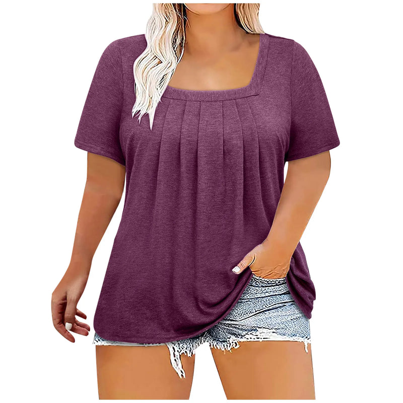 5XL Plus Size Woman Clothing Solid Color Short Sleeve T-shirt Elegant Pleated Square Neck Casual Tees Large Size Ladies Tops
