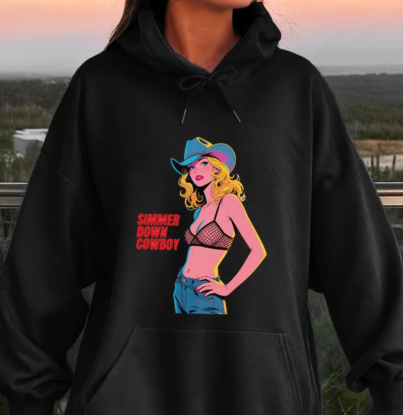 Creative Sexy Cowboy Lady Print Women'S Sportswear Basic Funny Women Clothing Solid Color Casual Tops Soft Warm Sreetwear