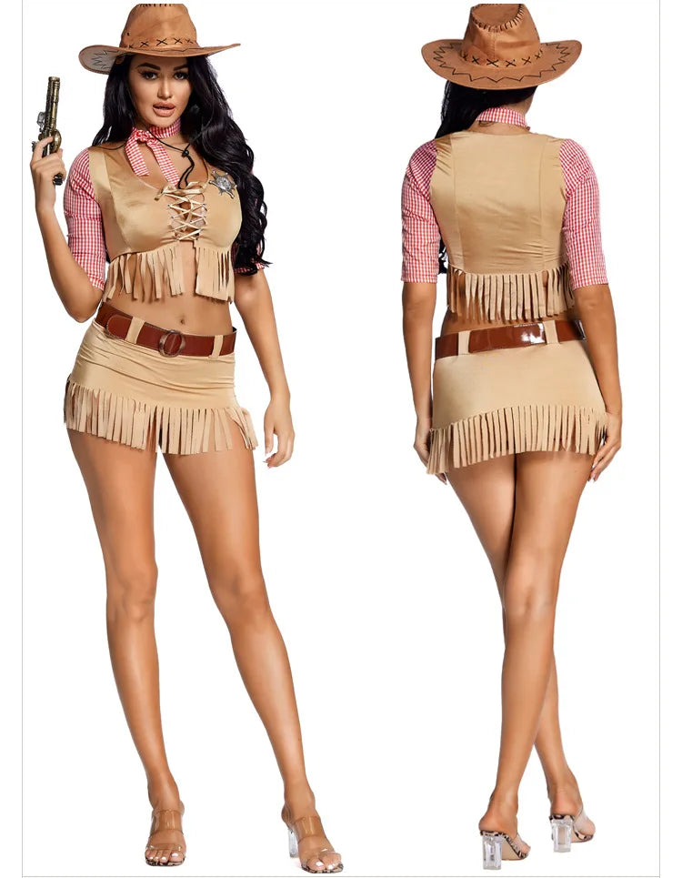 Sexy Women Cowgirl Costume Adult Party dress Crop Top Tassel Skrit Halloween American Western Cosplay Outfit