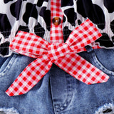 Baby Girls Summer Western Cowgirl Outfit Cow Print Off Shoulder Smocked Shirt Top with Denim Shorts for Daily School Party Wear
