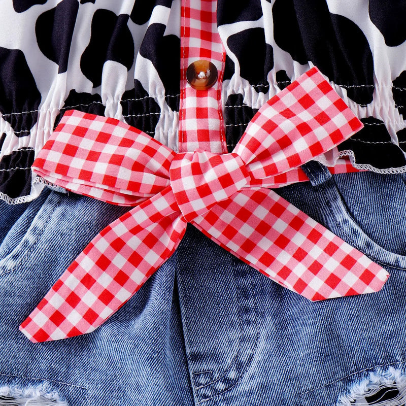Little Girls Western Cowgirl Outfit Cow Print Off Shoulder Smocked Shirt Top with Denim Shorts Summer Daily School Party Clothes