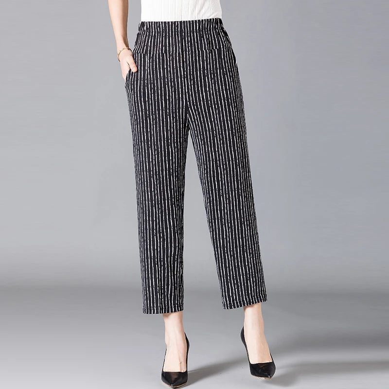 XL-8XL Plus Size Women Harem Pants Casual Elastic High Waist Pants Print Middle Aged Women Loose Straight Pants Mom Trousers