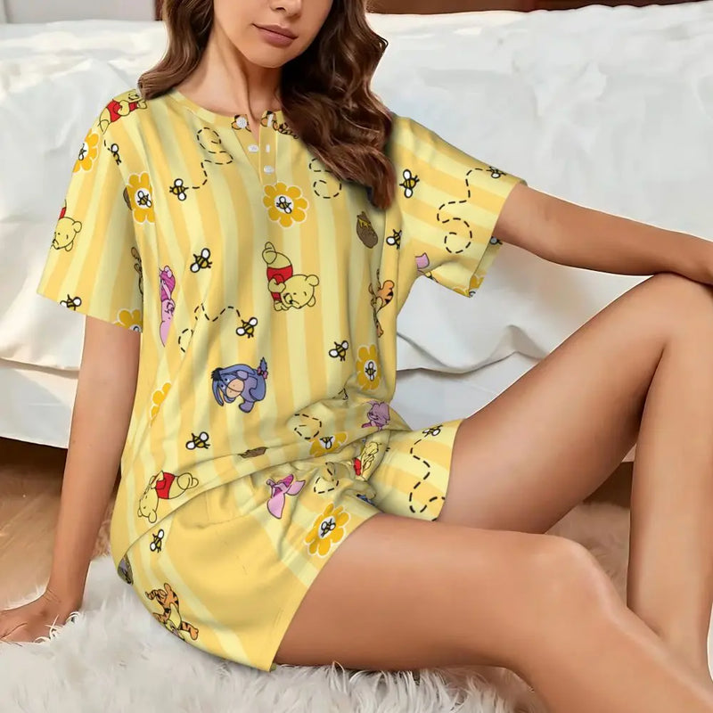 Custom Winnie The Pooh Pajama Sets Womens 2 Piece Short Sleeve Pjs Shorts Sleepwear