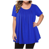 5XL Plus Size T Shirt Summer Woman Short Sleeve O-Neck Casual Tops Loose Female Pleated Blouse Tunic Solid Color Pullover Tops