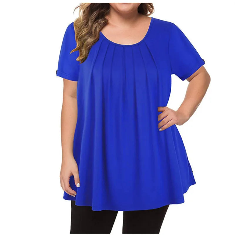 5XL Plus Size T Shirt Summer Woman Short Sleeve O-Neck Casual Tops Loose Female Pleated Blouse Tunic Solid Color Pullover Tops