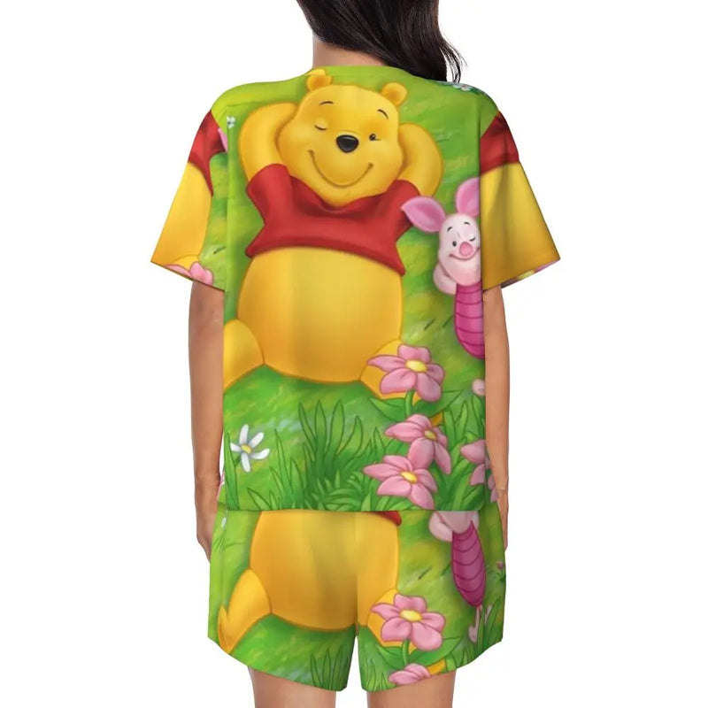 Custom Winnie The Pooh Pajama Sets Womens 2 Piece Short Sleeve Pjs Shorts Sleepwear