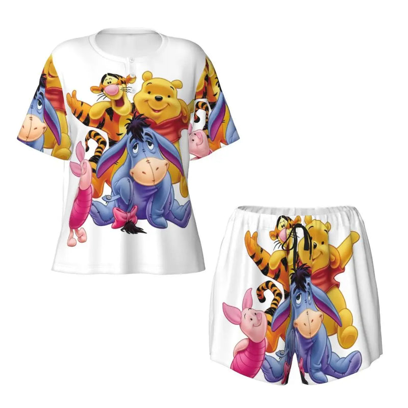 Custom Winnie The Pooh Pajama Sets Womens 2 Piece Short Sleeve Pjs Shorts Sleepwear