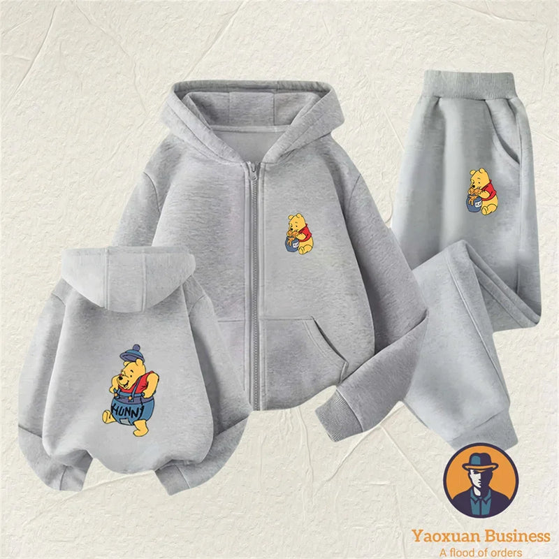 Winnie The Pooh Spring Autumn Cute 2Pcs Casual Hoodie+Pants Tracksuits 3-14 Years Boys Girls Outfits Children Clothes