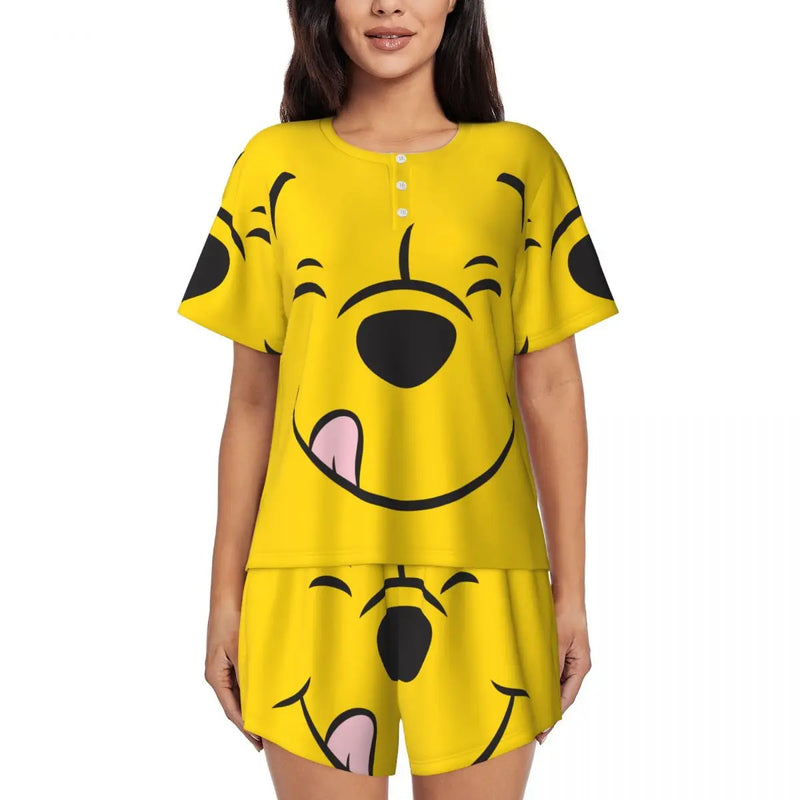 Custom Winnie The Pooh Pajama Sets Womens 2 Piece Short Sleeve Pjs Shorts Sleepwear