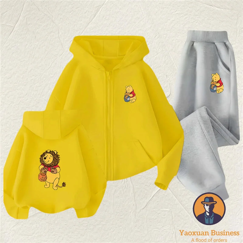 Winnie The Pooh Spring Autumn Cute 2Pcs Casual Hoodie+Pants Tracksuits 3-14 Years Boys Girls Outfits Children Clothes