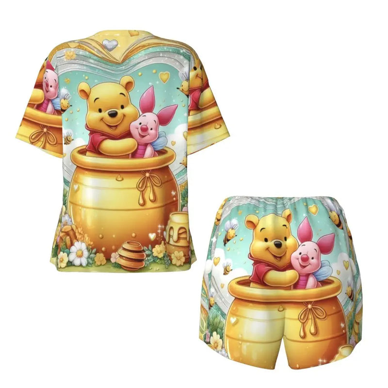 Custom Winnie The Pooh Pajama Sets Womens 2 Piece Short Sleeve Pjs Shorts Sleepwear