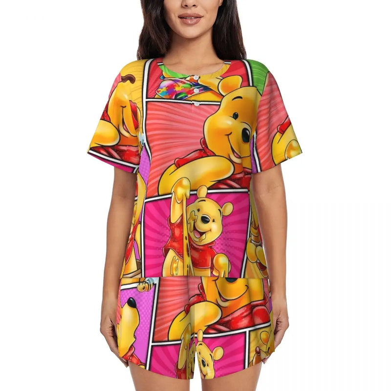 Custom Winnie The Pooh Pajama Sets Womens 2 Piece Short Sleeve Pjs Shorts Sleepwear