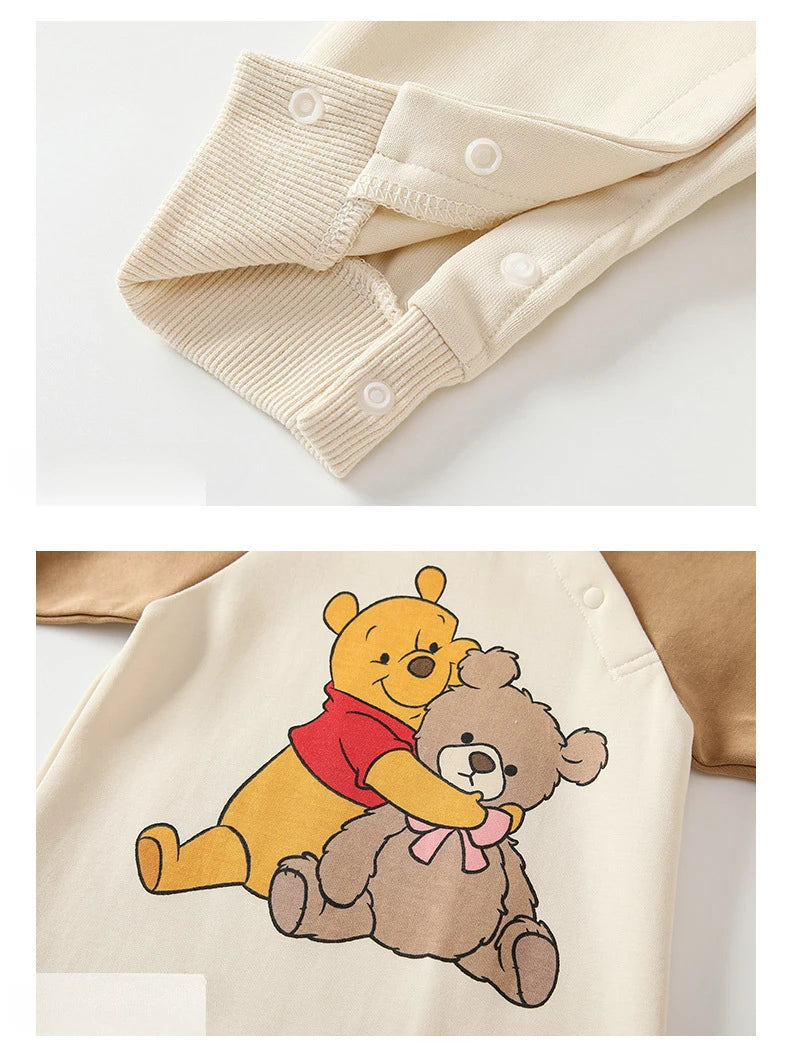 MINISO Winnie the Pooh Baby Color Matching Spring Newborn Climbing Clothes Long Sleeve Soft Cotton Kawaii Bodysuit 0-1 Years