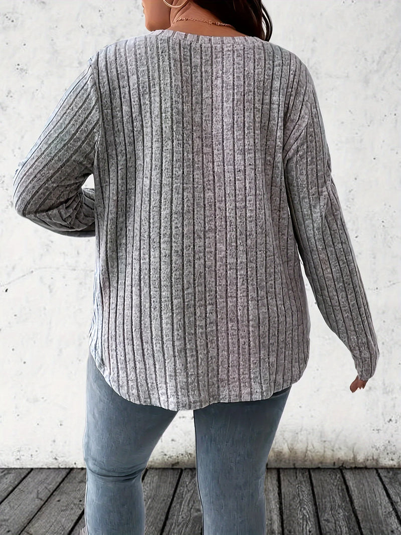 Women Fashion Plus Size 1XL-5XL Solid Ribbed T-Shirt Ladies Casual  V Neck Long Sleeve T-Shirt Women's Plus Size Clothing