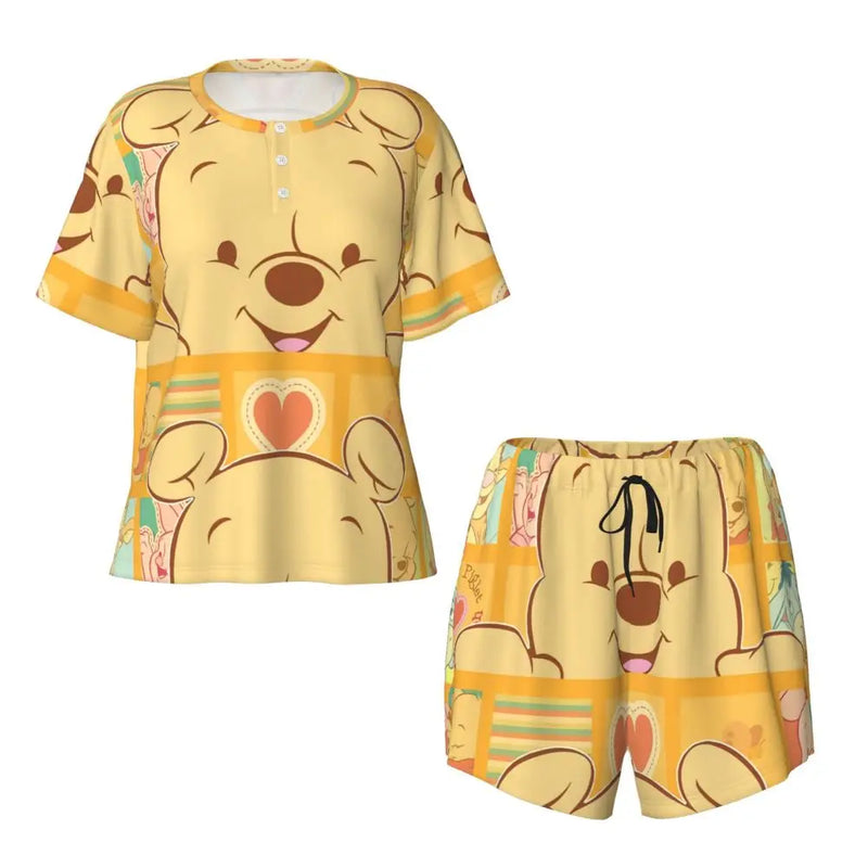 Custom Winnie The Pooh Pajama Sets Womens 2 Piece Short Sleeve Pjs Shorts Sleepwear