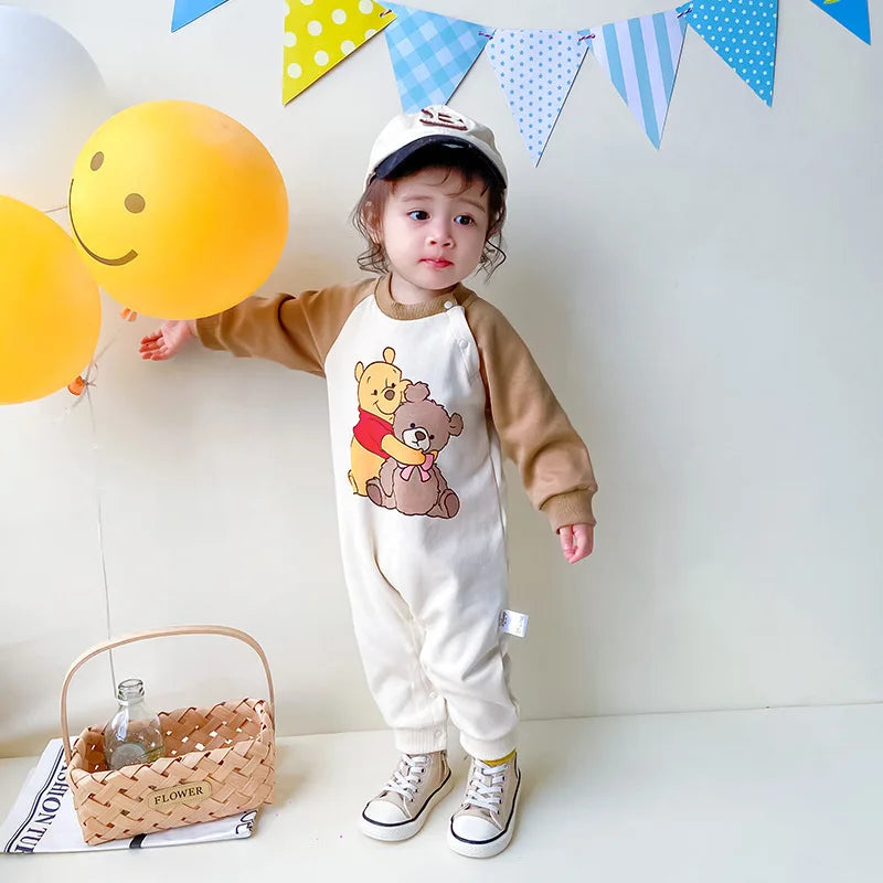 MINISO Winnie the Pooh Baby Color Matching Spring Newborn Climbing Clothes Long Sleeve Soft Cotton Kawaii Bodysuit 0-1 Years