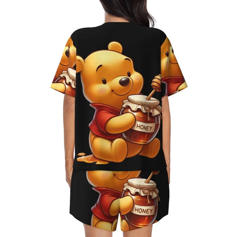 Custom Winnie The Pooh Pajama Sets Womens 2 Piece Short Sleeve Pjs Shorts Sleepwear