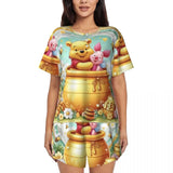Custom Winnie The Pooh Pajama Sets Womens 2 Piece Short Sleeve Pjs Shorts Sleepwear