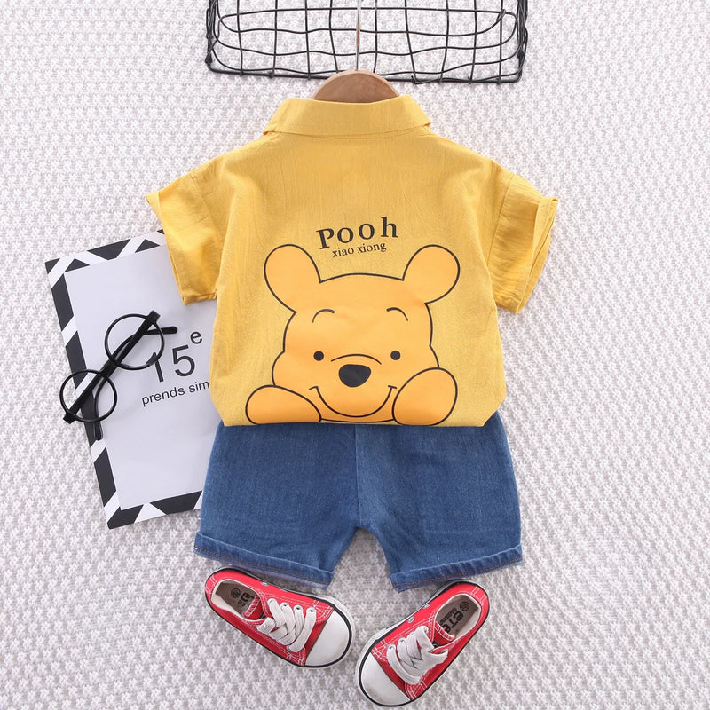 Baby Boy Clothes Winnie the Pooh Short sleeve Shirt +Denim 2pcs gentleman Clothes Toddler boys Clothing Sets