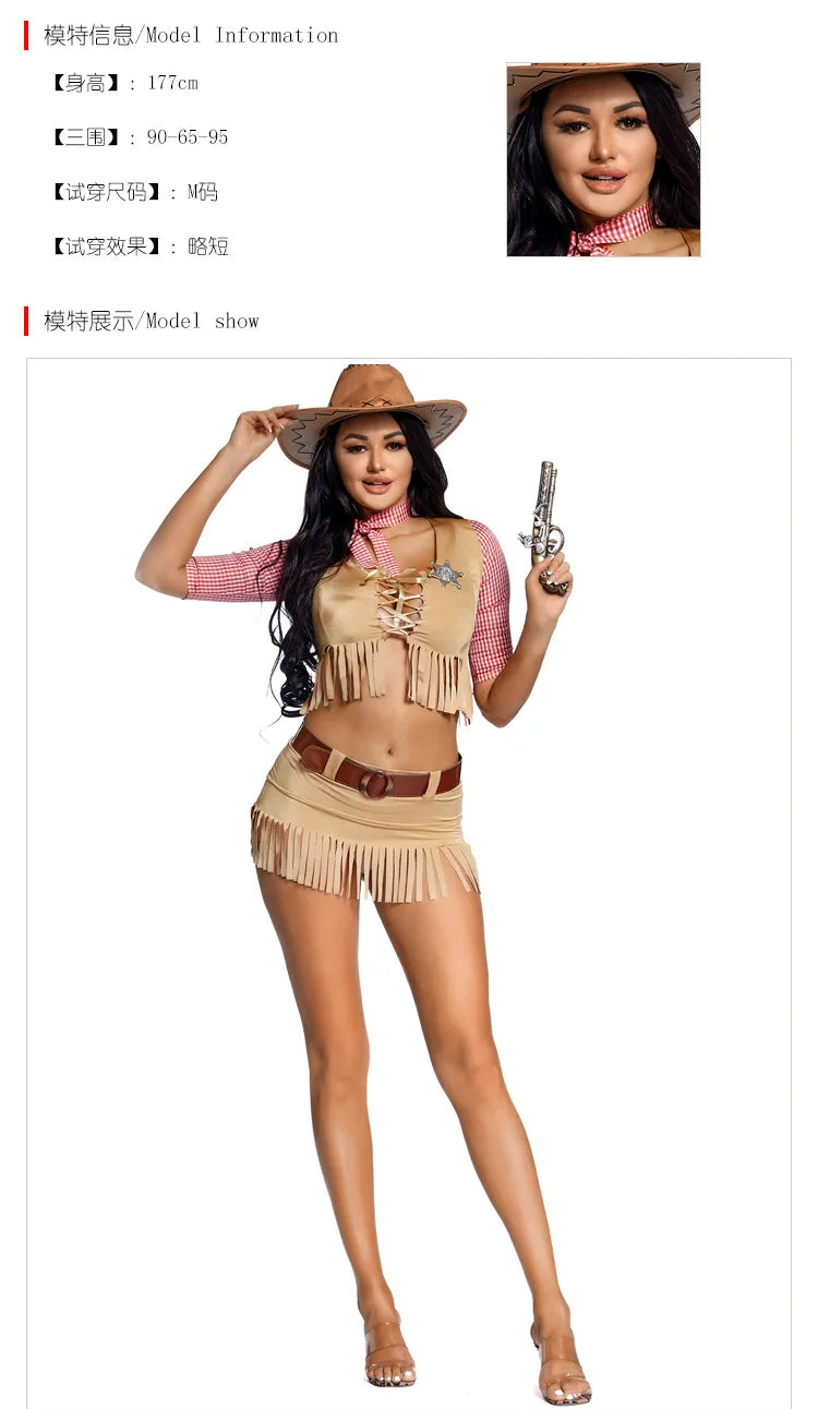 Sexy Women Cowgirl Costume Adult Party dress Crop Top Tassel Skrit Halloween American Western Cosplay Outfit