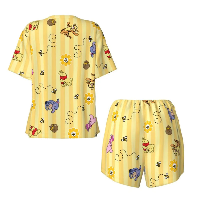 Custom Winnie The Pooh Pajama Sets Womens 2 Piece Short Sleeve Pjs Shorts Sleepwear