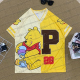 Winnie The Pooh Cartoon Classic Character Sports Jersey T-Shirt V-Neck Fashionable Streetwear Summer Women'S Casual Party Top