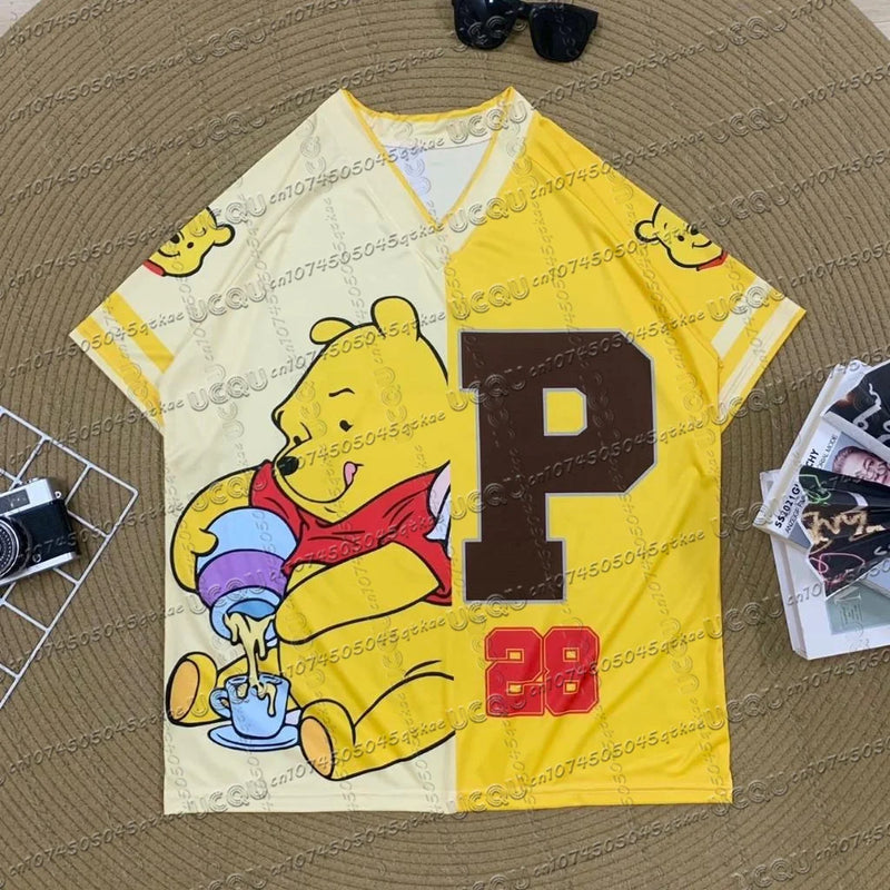 Winnie The Pooh Cartoon Classic Character Sports Jersey T-Shirt V-Neck Fashionable Streetwear Summer Women'S Casual Party Top
