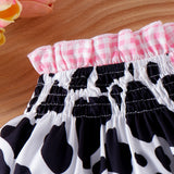 Little Girls Western Cowgirl Outfit Cow Print Off Shoulder Smocked Shirt Top with Denim Shorts Summer Daily School Party Clothes